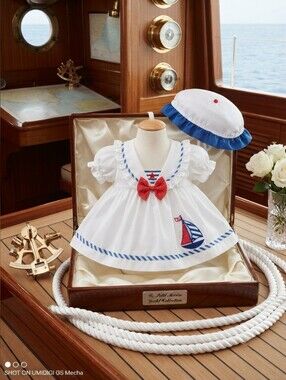 5/$100 Nautical Baby Sail Dress with Hat - White & Blue 💙